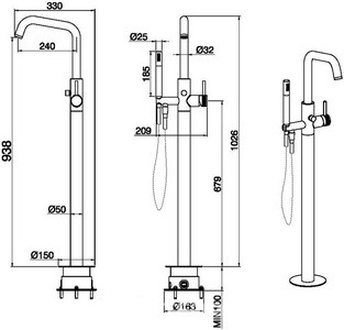 Смеситель для ванны, напольный, лейка д/д, шланг, встраиваемая часть в компл.,(цв.золото браш.),  ZZ Allen Brau Priority 5.31008-GB