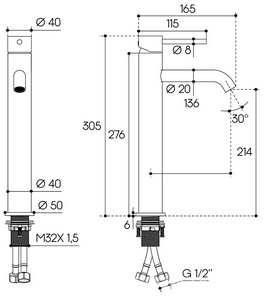 Смеситель для раковины L, Высокий, без д/к, (цв.шлифованное золото),  ZZ Aqueduto Cano CAN0350
