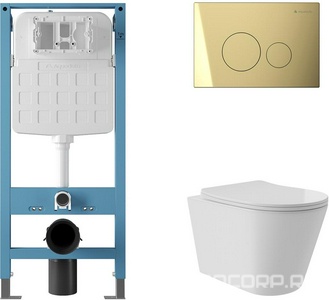 Компл.:унитаз подв.,безобод,Tornado 520х365мм,цв.белый гл,сиденье с микрол,инстал. д/унит,крепёж, клавиша смыв Circulo Novo цв.шл.золото,  ZZ Aqueduto Cone Plus AQDS238T
