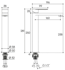 Смеситель для раковины L, Высокий, без д/к, (цв.оружейная сталь),  ZZ Aqueduto GEOMETRICO GEO0345