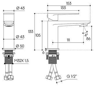 Смеситель для раковины S, без д/к, (цв.шлифованное золото),  ZZ Aqueduto LINHA LIN0150