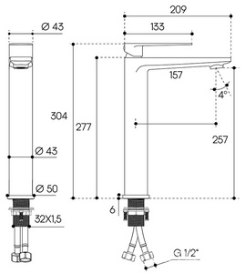 Смеситель для раковины L, Высокий, без д/к, (цв.оружейная сталь),  ZZ Aqueduto LINHA LIN0345