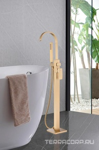 Смеситель для ванны, напольный, лейка, шланг, внутрен.часть в компл., (цв.золото матовое),  ZZ Abber Wasserfall AF8615G