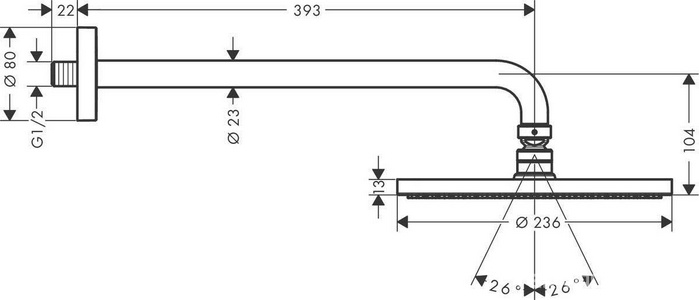 Верхний душ, лейка круг 240мм, со стеновым кронштейном 390мм, 1 тип струи, (цв. хром),  240 1jet PowderRain ZZ Hansgrohe Raindance S 27607000