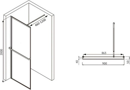 Душевая перегородка 900хh2000мм, правая/левая, (стекло прозр.6мм, поперечн. укорачиваемый кронштейн 660-1200мм, фурнит. цв.черный мат),  ZZ Abber Immer Offen AG60090B