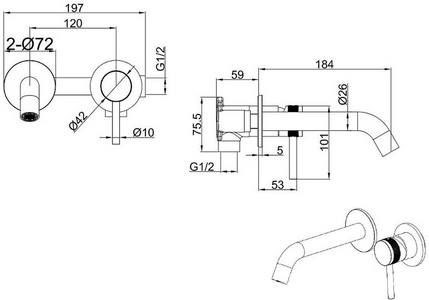 Смеситель для раковины, встраиваемый в стену, излив 195мм, встраив.часть в компл., (цв.графит браш.),  Allen Brau Priority 5.31030-MG