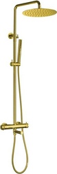 Смеситель для ванны/душа, со стационарным верхним душем d300мм., поворотный излив, душевая лейка, шланг в компл., (цв.золото браш.), Priority ZZ
