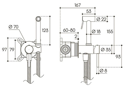 Смеситель совмещённый с гигиеническим душем, готовый комплект: лейка, шланг, скрытая часть, (цв.хром),  ZZ Aqueduto PUREZA PUR0200