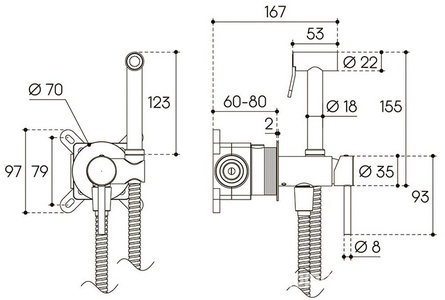 Смеситель совмещённый с гигиеническим душем, готовый комплект: лейка, шланг, скрытая часть, (цв.оружейная сталь),  ZZ Aqueduto PUREZA PUR0245