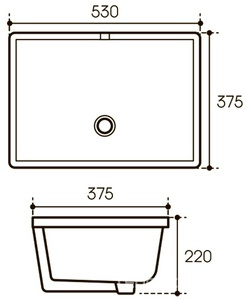 Раковина встраиваемая в столешницу снизу, прямоуг., 530х375хh220мм, без отв. д/смес., с переливом, (цв. белый глянец), Sotto