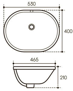 Раковина встраиваемая в столешницу снизу, 530х400хh210мм, без отв. д/смес., с переливом, (цв. белый глянец),  Aqueduto Sotto SOT0110