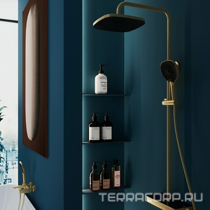 Смеситель-термостат для душа, со стационарным верхним душем пластик d255мм, ручн.душевая лейка, шланг в компл., (цв.шлифованное золото),  ZZ Aqueduto Chuva CHU0350