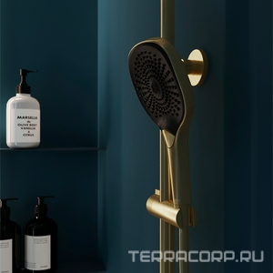 Смеситель-термостат для душа, со стационарным верхним душем пластик d255мм, ручн.душевая лейка, шланг в компл., (цв.шлифованное золото),  ZZ Aqueduto Chuva CHU0350