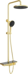 Смеситель для ванны/душа, со стационарным верхним душем пластик d255мм, излив, ручн.душевая лейка, шланг в компл., (цв.шлифованное золото), Chuva ZZ