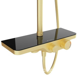 Смеситель для ванны/душа, со стационарным верхним душем пластик d255мм, излив, ручн.душевая лейка, шланг в компл., (цв.шлифованное золото),  ZZ Aqueduto Chuva CHU0450