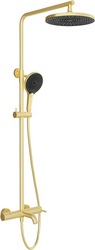 Смеситель для ванны/душа, со стационарным верхним душем пластик d250мм, ручн.душевая лейка, шланг в компл., (цв.шлифованное золото), Chuva ZZ