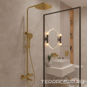 Смеситель-термостат для ванны(душа), со стационарным верхн.душем d30см., душевая лейка, шланг в компл., (цв.матовое золото),  ZZ Oliveeka Y-LINE OL-739902-BG