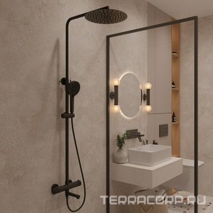 Смеситель-термостат для ванны(душа), со стационарным верхн.душем d30см., душевая лейка, шланг в компл., (цв.черный матовый),  ZZ Oliveeka Y-LINE OL-739902-MB