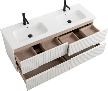 База под раковину подвесная с 4 выдвиж ящиками, 1400х450xh500мм, без раковины,с 2 чашами (цв.Bianco Lucido),  ZZ Cezares Duet DUET-N-1400-4C-SO-2-BL