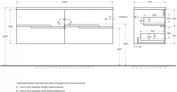 База под раковину подвесная с 4 выдвиж ящиками, 1400х450xh500мм, без раковины,с 2 чашами (цв.Bianco Lucido),  ZZ Cezares Duet DUET-N-1400-4C-SO-2-BL