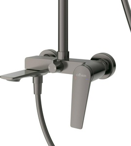 Смеситель для ванны, со стационарным верхнем душем 32,8х23см., душевая лейка, шланг в компл., (цв.оружейная сталь),  ZZ Cezares Liner LINER-CVD-GM