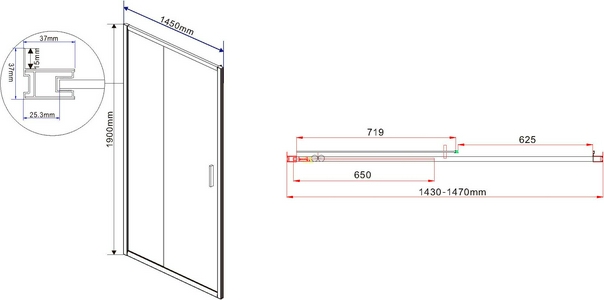 Дверь для душа, в нишу 1450хh1900мм, раздвижная, 1 дверь, 1 неподв.секция, правая/левая, (стекло прозрачное 6мм, фурн.цв.воронен.сталь),  ZZ Vincea Garda VDS-1G145CLGM