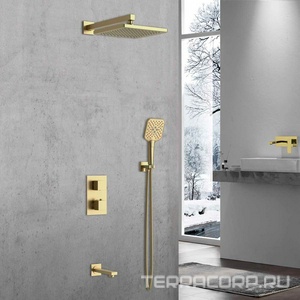 Душевой к-т: смес-термостат встр.в стену, верхний душ 255х255мм, ручн.душ, шланг, кронштейн совмещ. со шланг.подсоед., излив,(цв.браш.золото)Vincea ZZ Vincea Универсал VSFW-1N3TBG