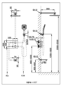 Душевой к-т: смес-термостат встр.в стену, верхний душ 255х255мм, ручн.душ, шланг, кронштейн совмещ. со шланг.подсоед., излив,(цв.браш.золото)Vincea ZZ Vincea Универсал VSFW-1N3TBG