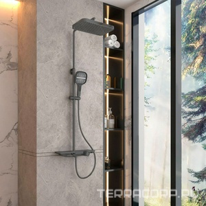 Смеситель для ванны(душа), со стационарным верхн.душем 33х22см., душевая лейка, шланг в компл., (цв.вороненая сталь), Vincea ZZ Vincea Универсал VSFS-411GM