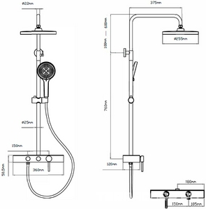 Смеситель для душа, со стационарным верхн.душем 25,5см., душевая лейка, шланг в компл., (цв.черный матовый), Vincea ZZ Vincea Универсал VSFS-402MB