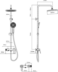 Смеситель для душа, со стационарным верхн.душем 25,5см., душевая лейка, шланг в компл., (цв.черный матовый),  ZZ Vincea Arco VSFS-4AR1MB