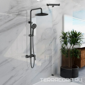 Смеситель для душа, со стационарным верхн.душем 25,5см., душевая лейка, шланг в компл., (цв.черный матовый),  ZZ Vincea Arco VSFS-4AR1MB