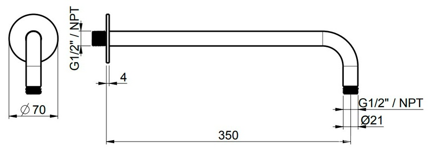 Кронштейн для верхнего душа, стеновой, 350мм, круглый, с подводом воды 1/2, (цв.нерж.сталь брашированная AISI 316), Almar ZZ Almar Универсал E021093.316