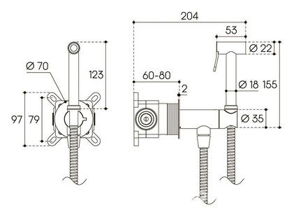 Смеситель совмещённый с гигиеническим душем, готовый комплект: лейка, шланг, скрытая часть, прогрессивный картридж, (цв.хром),  ZZ Aqueduto PUREZA PUR0100