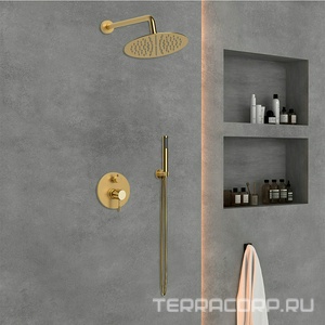 Душевой к-т: смеситель встр.в стену, верхний душ 300мм, ручн.душ, шланг, кронштейн совмещ. со шланг.подсоед., (цв.браш.золото),  ZZ Vincea Desire VSFW-1D1BG