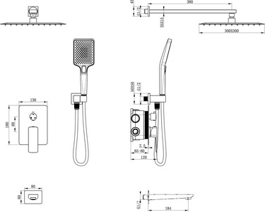 Душевой к-т: смеситель встр.в стену, верхний душ 300х300мм, ручн.душ, шланг, кронштейн совмещ. со шланг.подсоед., излив, (цв.браш.никель),  ZZ Oliveeka D-LINE OL-88939003-BN