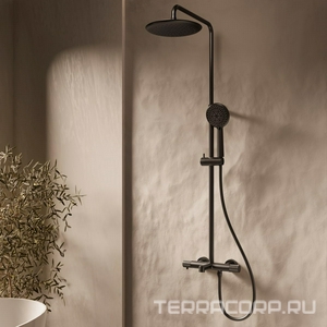 Смеситель-термостат для душа, со стационарным верхн.душем 25см., душевая лейка, шланг в компл., (цв.черный матовый),  ZZ Vincea Desire VSFS-1D1TMB