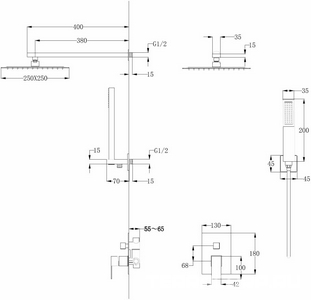 Душ.система встр.в стену:смеситель, стац.верхний душ 25х25см., шланг, лейка, кронштейн совмещ.с вых воды в компл., (цв.белый матовый),  ZZ Abber Daheim AF8219W