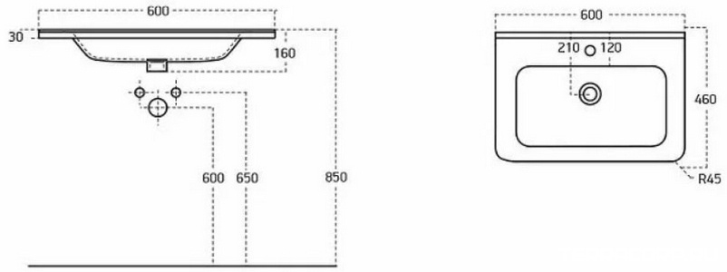 Раковина 600х460х30мм, с 1 отв.д/смесит., с переливом, (керамика, цв.белый), BelBagno ZZ BelBagno Универсал 12060-KL