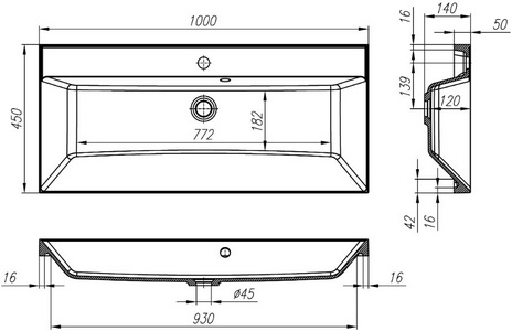 Раковина 1000х450х150мм, с переливом, (искуственный мрамор, цв.белый), BelBagno ZZ BelBagno Универсал BB1000/450-LV-MR-AST