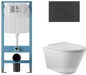 Компл.: унитаз подв.,безободковый, 525х360мм, цв.белый гл, сиденье с микролиф,, инстал. д/унит., крепёж, клавиша смыва CIRCULO цв.черный мат,  ZZ Aqueduto Cone AQDS089