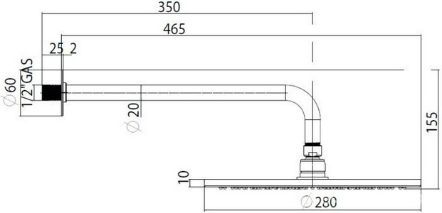 Душ верхний, стационарный, лейка 280мм, настенный монтаж, кронштейн 350мм, розетка в компл., (цв.мат.нерж.сталь),  ZZ Bossini Nobu INH031.075
