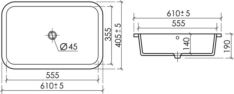 Раковина встраиваемая снизу   610x405x190мм c отверст. слива-перелива ZZ Ceramica Nova Era CN15007