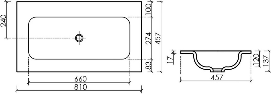 Раковина для мебели, прямоугольная  810х457 мм, без отверстия для смесителя, цвет белый ZZ Ceramica Nova Grace CN7012wx