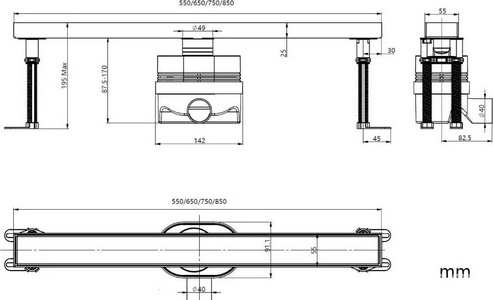 Дренажн.канал 850мм, готов.компл, сифон d50 выход вбок, затвор, 2х стор.решетка цв.золото браш. / под плитку,  Allen Brau Priority 9.50018.GB