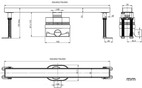 Дренажн.канал 850мм, готов.компл, сифон d50 выход вбок, затвор, 2х стор.решетка цв.никель браш. / под плитку,  ZZ Allen Brau Priority 9.50010.BN