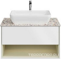 Тумба "Plaza Modern" 80 см, подвесная, подсветка, с 1 выдвижным ящиком push+1 открытый ящик, БЕЗ столешницы и раковины, цв. белая матовая/шалфей ZZ