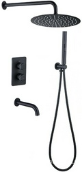 Смес-термостат д/ванны/душа,встр.в стену со стац.верхн.душ d30см,излив,кронштейн,лейка,держат,шланг, встр.часть в компл,(цв.черный матовый),PriorityZZ