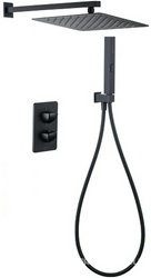 Смес-термостат д/душ,встр.в стену,со стац.верхн.душем квадр.30х30см,кронштейн,лейка,держатель,шланг,встр.часть в компл,(цв.черный матовый),Infinity ZZ