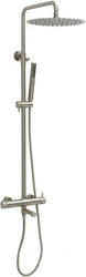 Смеситель для ванны/душа, со стационарным верхним душем d300мм., поворотный излив, душевая лейка, шланг в компл., (цв.браш.никель), Priority 3.0